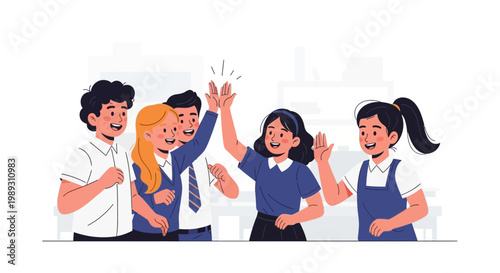 Student team celebrating success together in a classroom setting