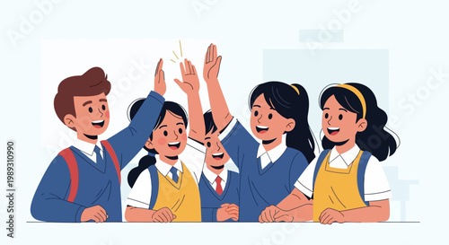 A group of happy Student children giving high-fives in classroom