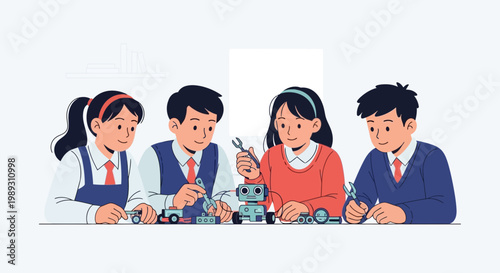 A group of student children are working on robotics projects.