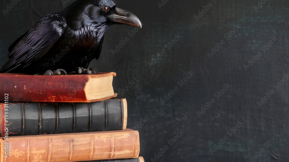 Fototapeta premium Raven Perched on Stack of Vintage Books Against Dark Background, Symbolizing Knowledge and Mystery