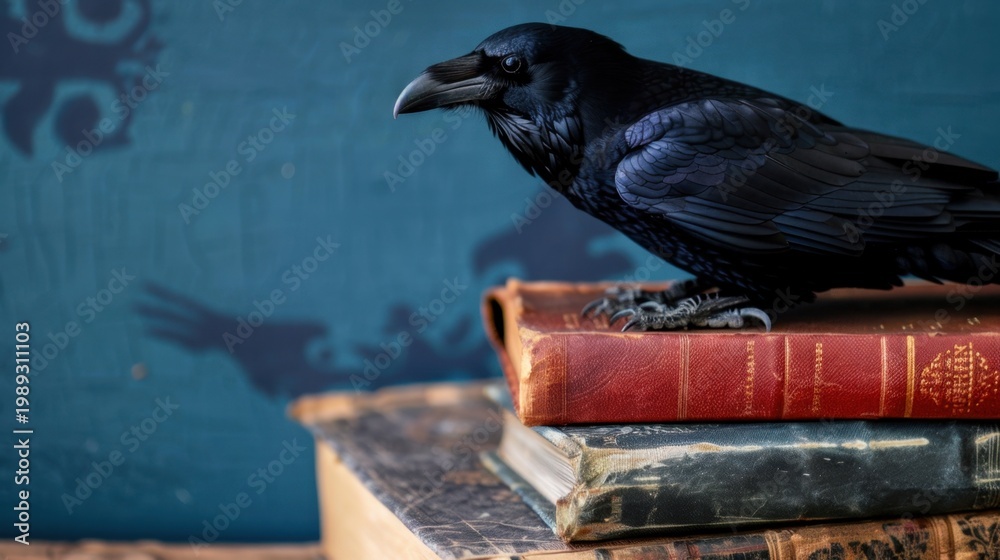 Fototapeta premium Black Raven on Stacked Vintage Books with Dark Blue Background and Mysterious Shadows