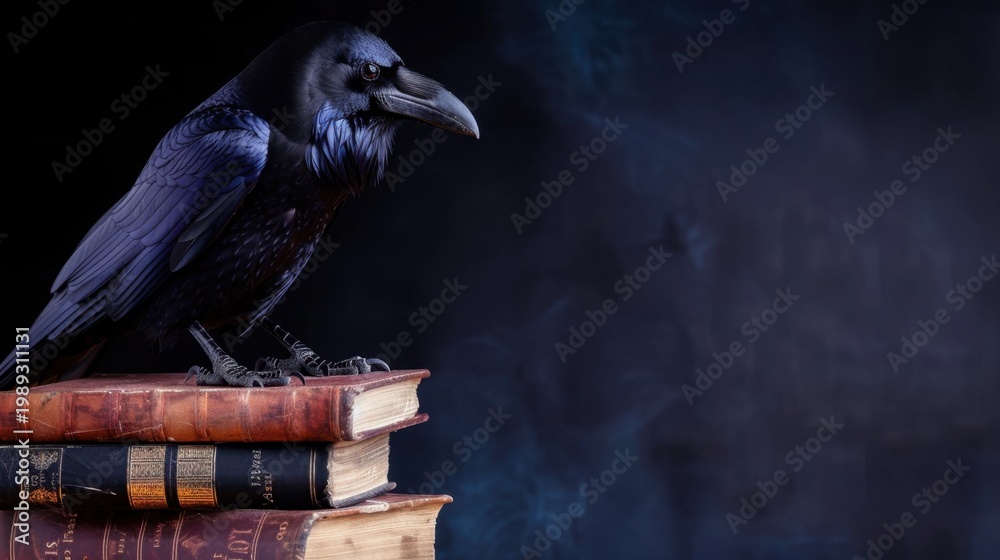 Fototapeta premium Raven Perched on Old Leather-Bound Books with Dark Mysterious Background