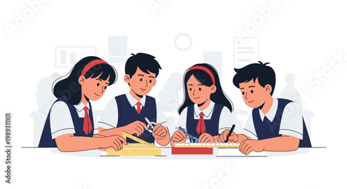 Four Student teenagers sitting at a desk writing and studying together in school