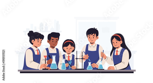 A group of diverse Student peers conducting experiments in a laboratory setting.