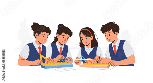 Students sitting at a table working on projects together in classroom