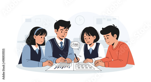 A group of student peers discussing and studying together in classroom setting