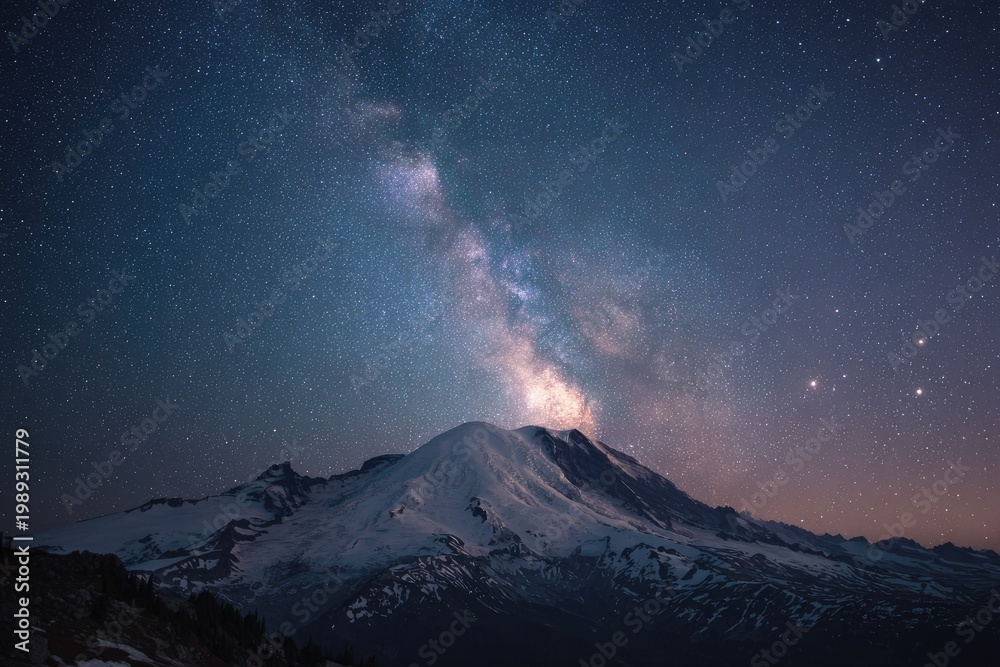 Fototapeta premium The Milky Way arches dramatically over a snow-capped mountain peak under a brilliant night sky.