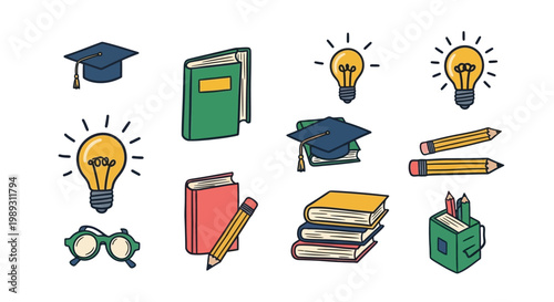 Collection of education and learning icons including graduation caps, books, pencils, and lightbulbs, representing knowledge and ideas