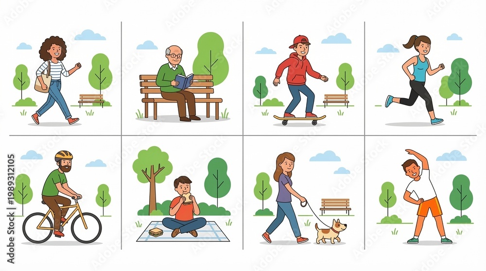 Fototapeta premium A lively park scene featuring individuals engaging in diverse activities such as walking, jogging, and skateboarding
