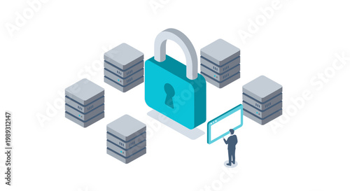 Digital security and data protection concept with a padlock and servers