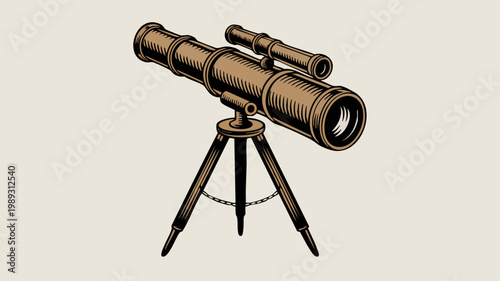 Vintage style hand drawn illustration of an antique brass telescope on a tripod isolated on cream