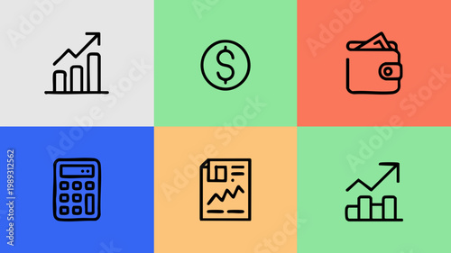 Minimalist financial business line art icons on vibrant colorful squares representing economic growth