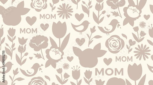 Charming Monochromatic Floral Pattern with Birds and Hearts, Celebrating Mom