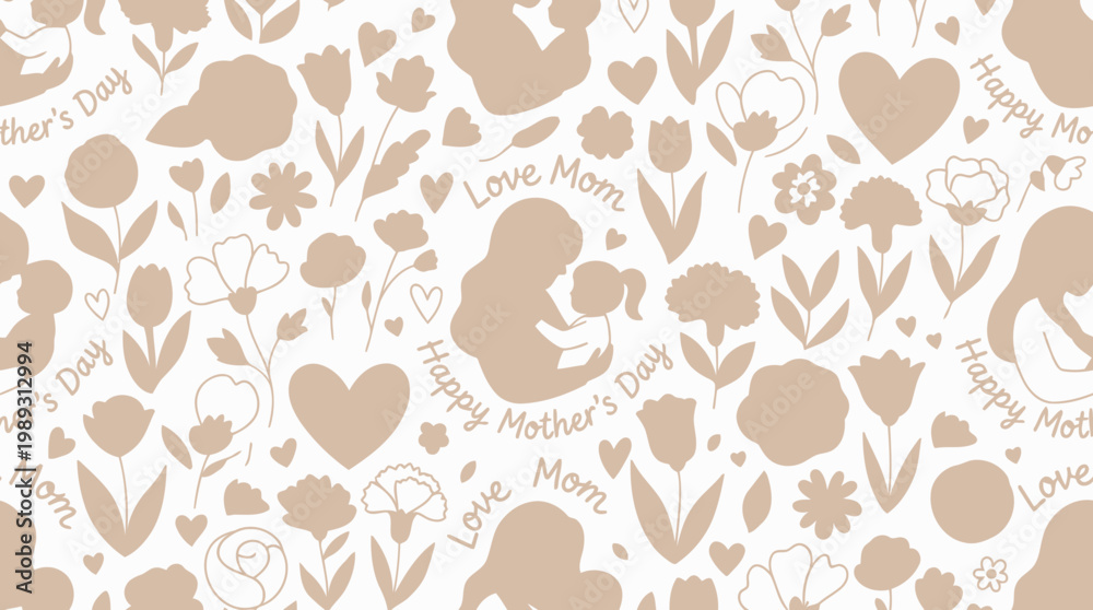 Fototapeta premium Heartwarming pattern depicting the special bond of a mother and child, with elegant floral motifs, loving hearts, and celebratory messages, ideal for Mother's Day