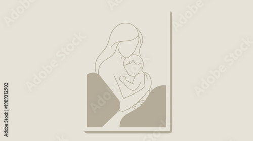 Elegant line art illustration of a mother holding her baby, symbolizing love and family bonds