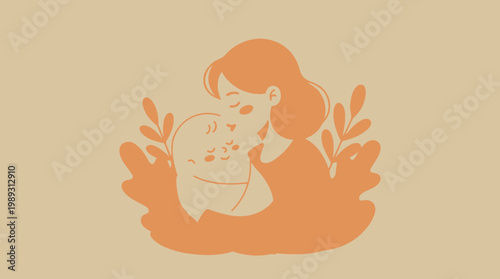 A tender illustration depicting a mother cradling her baby, surrounded by soft, organic leaf shapes, symbolizing love and care