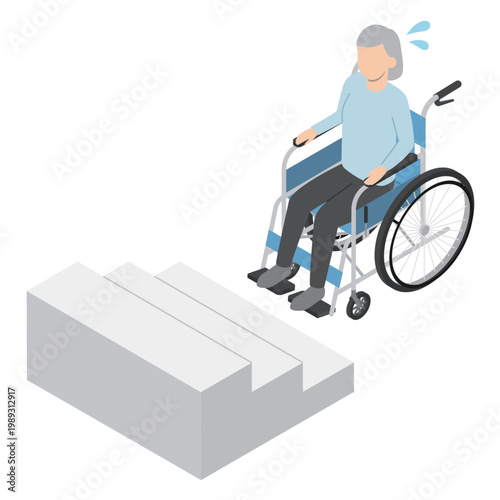 段差に困る車椅子のシニア女性・アイソメトリック