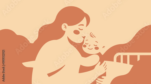 A heartwarming illustration of a loving mother gently cradling her newborn baby, expressing deep maternal bond and the tender moments of early childhood connection
