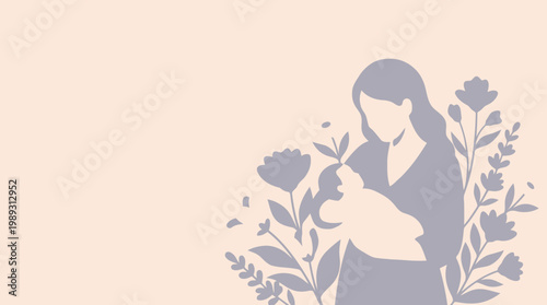 Minimalist illustration of a mother gently holding her newborn, adorned with organic floral elements, celebrating the timeless bond of maternal love, peace, and new beginnings