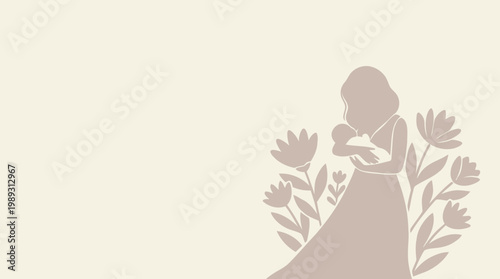 A tender depiction of maternal love, showcasing a mother holding her newborn child amidst a backdrop of blooming flowers
