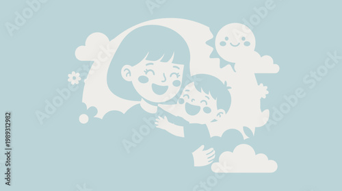 Joyful hug between a mother and her child under a smiling sun and clouds