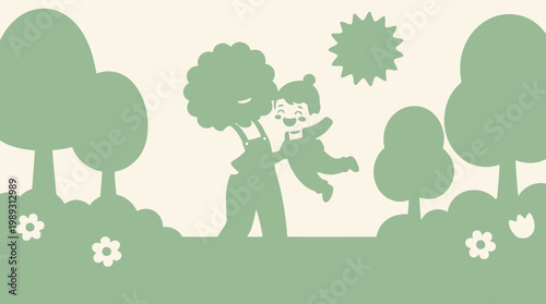Monochromatic green illustration of a parent embracing a joyful child in a sunlit natural landscape, symbolizing family bonding, love, and the serene beauty of nature's harmony