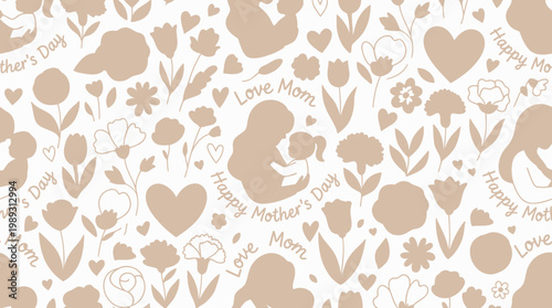 Heartwarming pattern depicting the special bond of a mother and child, with elegant floral motifs, loving hearts, and celebratory messages, ideal for Mother's Day