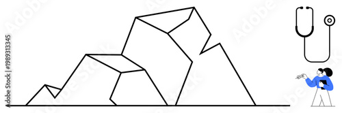 Adventure, healthcare, exploration, resilience, nature, wellness. Abstract mountain shapes, stethoscope and a person holding tools. Adventure and healthcare highlighted in a conceptual design