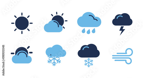 Weather icons set with sun, clouds, rain, snow, and wind vector graphic illustrations
