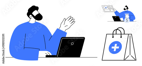 Online healthcare services, remote consultations, financial technology, virtual shopping, telecommunication, digital payments. A person waves by a laptop with related icons. Online healthcare