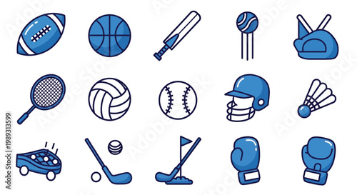 Vector graphic illustration of various sports equipment and balls in blue