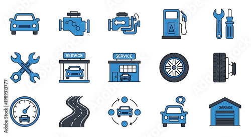 Blue vector car service icons including a car, tools and a garage for repair and maintenance work