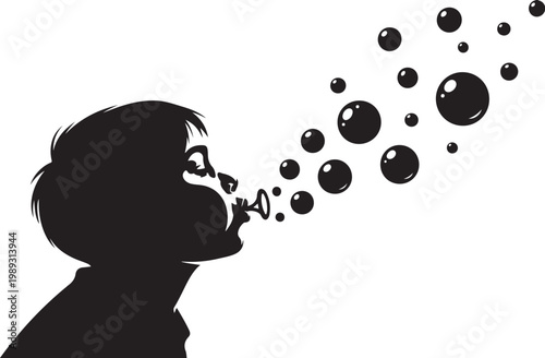 Black silhouette child blowing bubbles, kid blowing soap bubbles, fun childhood activity, vector illustration