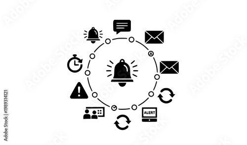 Minimal flat notification icons vector set in circular layout with bell alert message email and system symbols