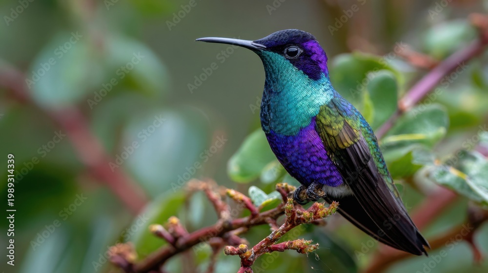 Fototapeta premium Hummingbird resting on twig among leafy shrub background