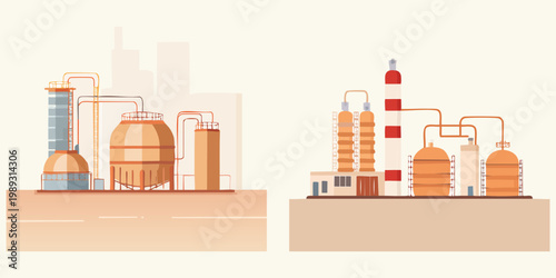 Modern vector illustration depicting industrial complexes with distillation columns, storage tanks, and interconnected pipelines, representing energy production and chemical manufacturing processes