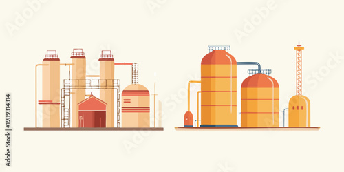 Flat vector illustration of industrial chemical plants and oil refinery. Energy and manufacturing infrastructure