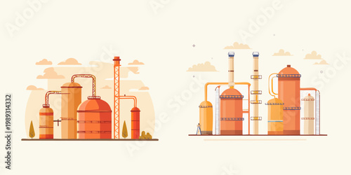 Vector illustrations of industrial facilities. Features an oil refinery and chemical plant with tanks, towers, and pipes. Represents energy production and manufacturing processes