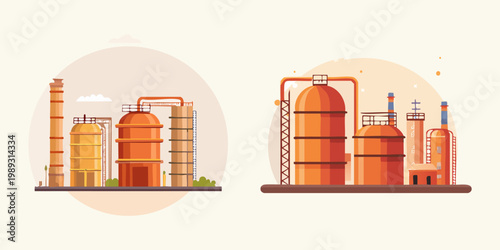 Modern flat design illustrations of industrial facilities featuring large storage tanks, pipelines, and smokestacks, symbolizing energy production, chemical processing, and factory infrastructure