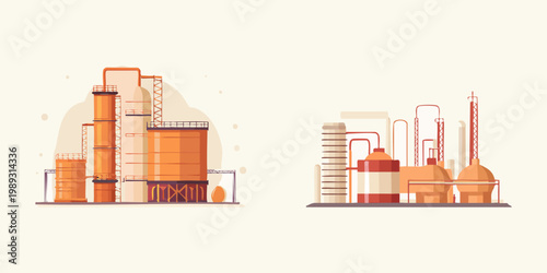 Modern flat design vector illustrations showcasing various industrial chemical and oil refinery plants, depicting factory production and manufacturing facilities with tanks and pipelines