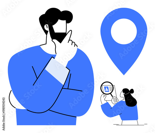 Geolocation concept. Geolocation with a map marker, male figure contemplating, and a magnified identity card. Geolocation supporting navigation, tracking, identity security, travel apps, data