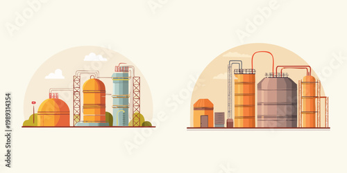 Modern vector illustration showcasing essential industrial infrastructure for energy production and chemical processing, featuring stylized factory buildings and storage tanks