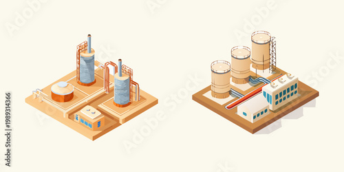 Isometric illustrations of modern industrial plants and factory buildings for energy production and chemical processing, featuring storage tanks and pipelines