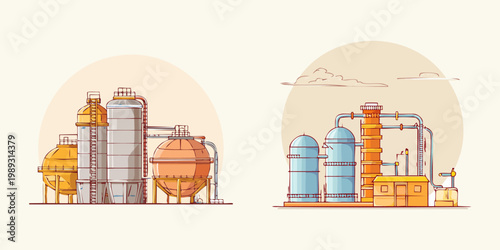 Set of modern flat vector illustrations depicting industrial facilities, including chemical plants and oil refineries, with processing towers and storage tanks for energy production