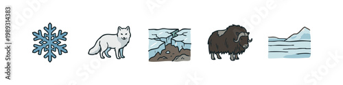 Hand-drawn set of arctic and winter elements. Snowflake, arctic fox, melting ice, musk ox, and ice sheets doodle icons.