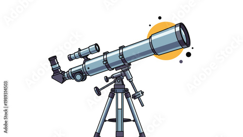 Large silver astronomical telescope mounted on a tripod pointed upwards toward a yellow moon and black stars in the sky.