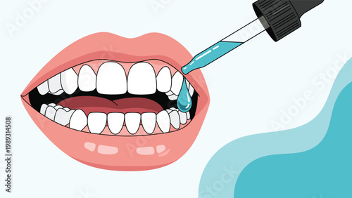 Close-up of a human mouth with white teeth as a dropper applies a blue liquid, representing whitening or dental treatment.