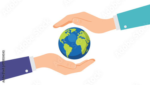 Environmental protection illustration depicting two hands gently cradling planet Earth to represent global sustainability and ecological care.