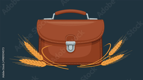 Professional brown leather briefcase surrounded by golden ears of wheat symbolizing successful agricultural business and farm management.