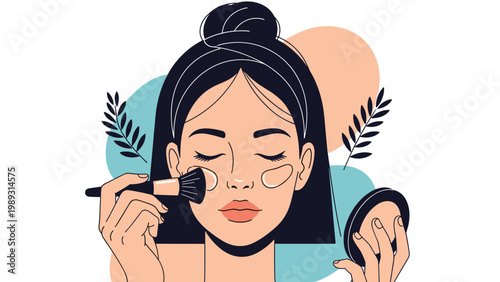 Beautiful young woman applying makeup on her face using a soft brush while holding a compact powder for beauty care routine.